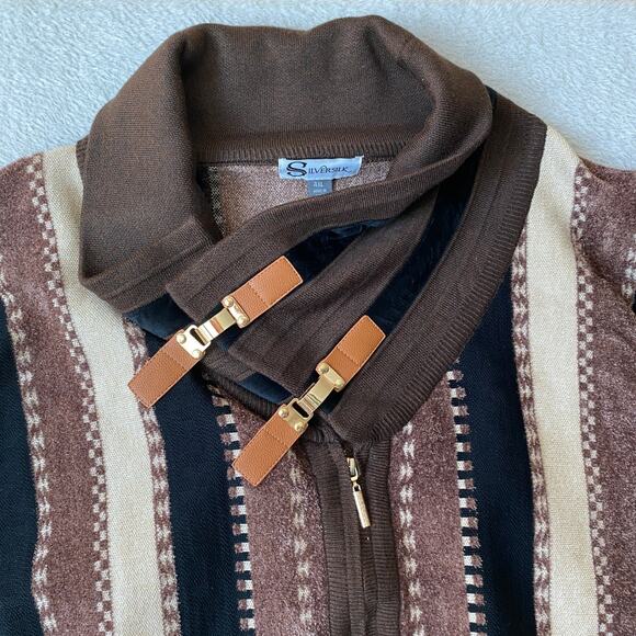 Silversilk Mens 70s Retro Shawl Collar Striped Zip Up Cardigan Sweater 4XL Brown - Picture 4 of 7